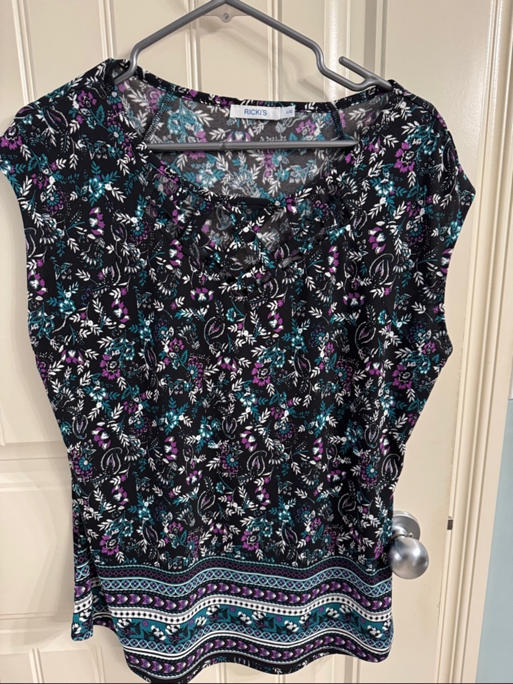 Ricki's Black Floral Cap-Sleeve Blouse with Teal & Purple Accents